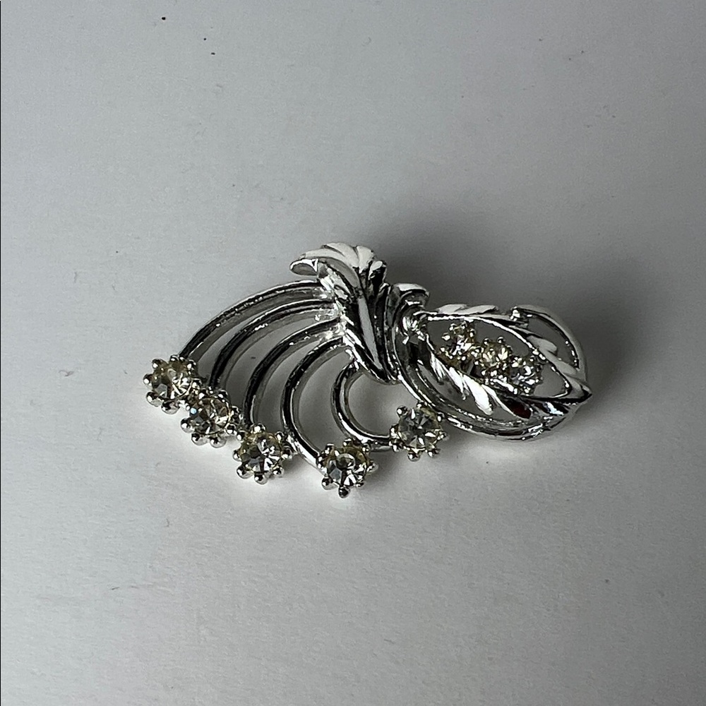 Vintage Silvertone Spray Brooch with Crystal Accents